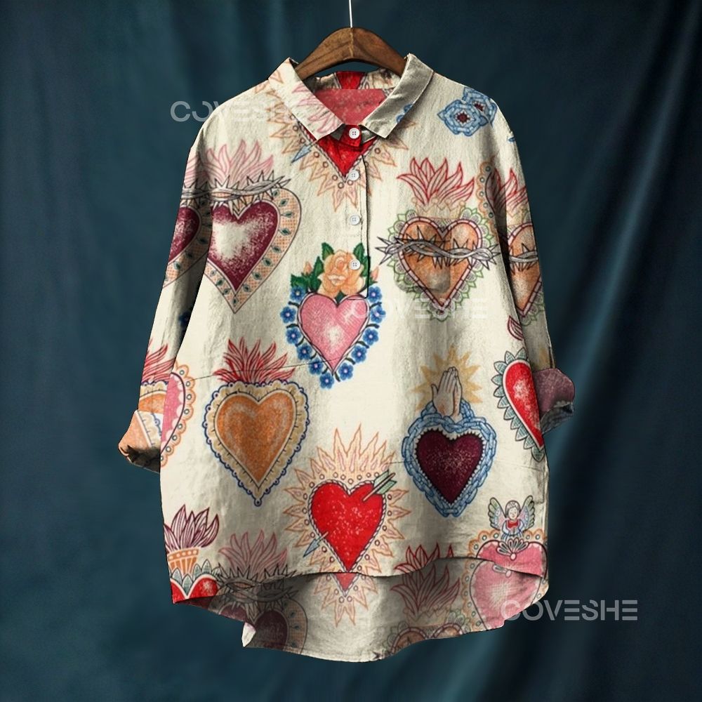 Women's Vintage Flower Heart Printed Casual Long Sleeve Shirt
