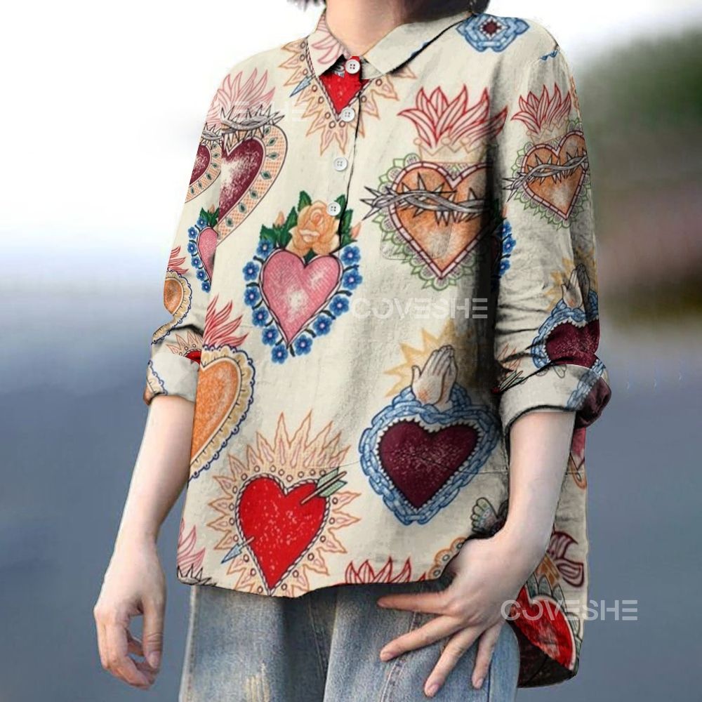 Women's Vintage Flower Heart Printed Casual Long Sleeve Shirt