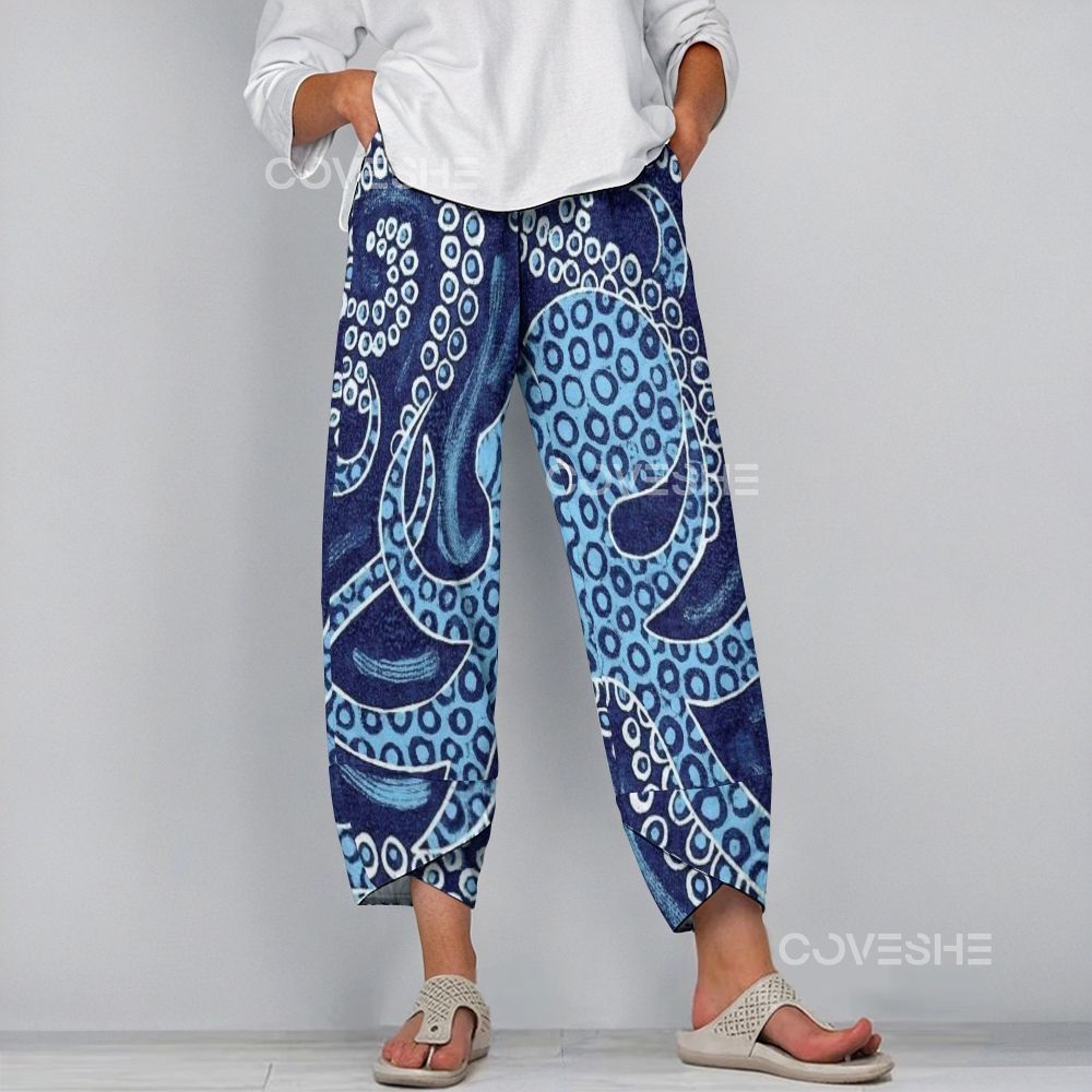 Women's Casual Blue Octopus Printed Pants