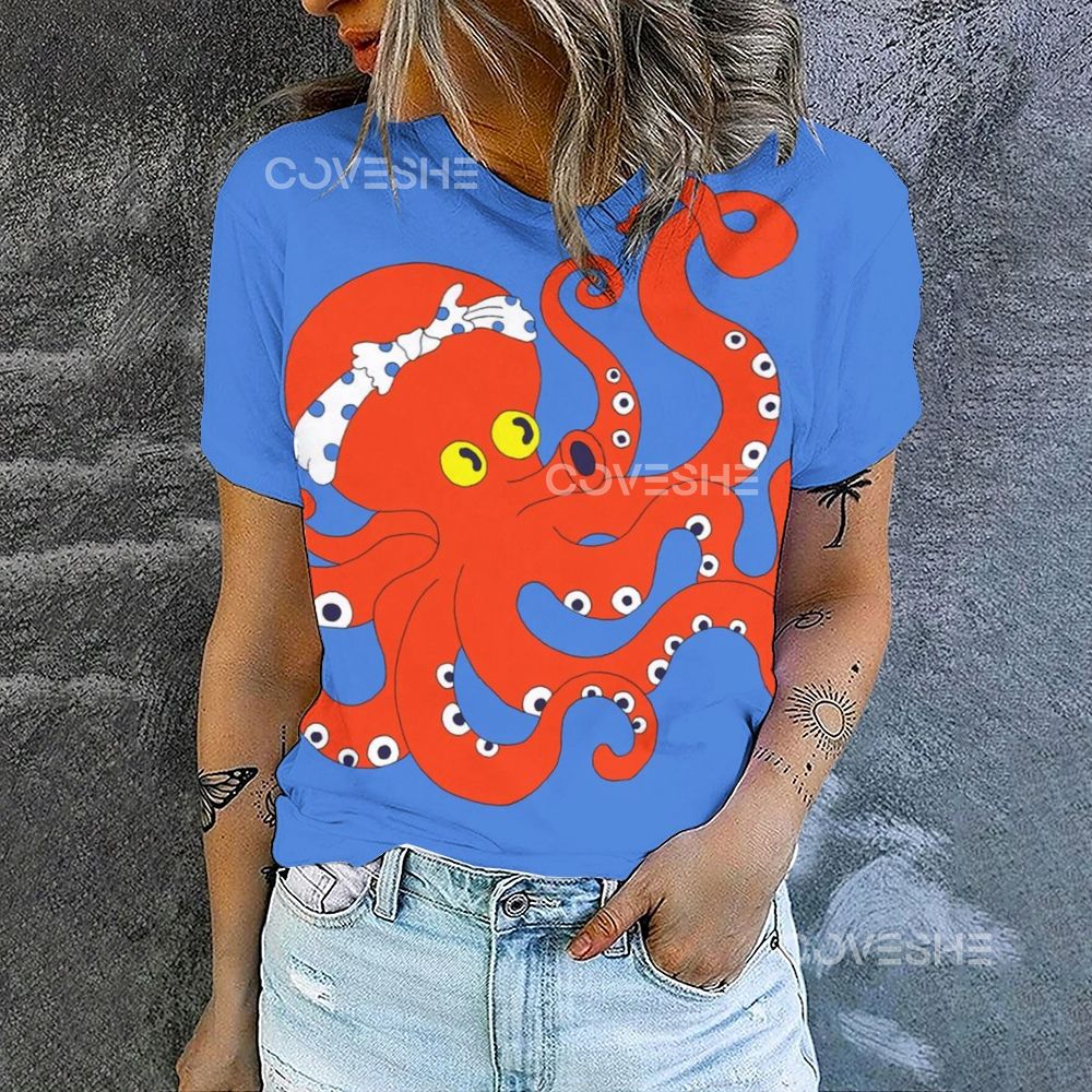 Women's Cartoon Octopus Printed Round Neck T-Shirt