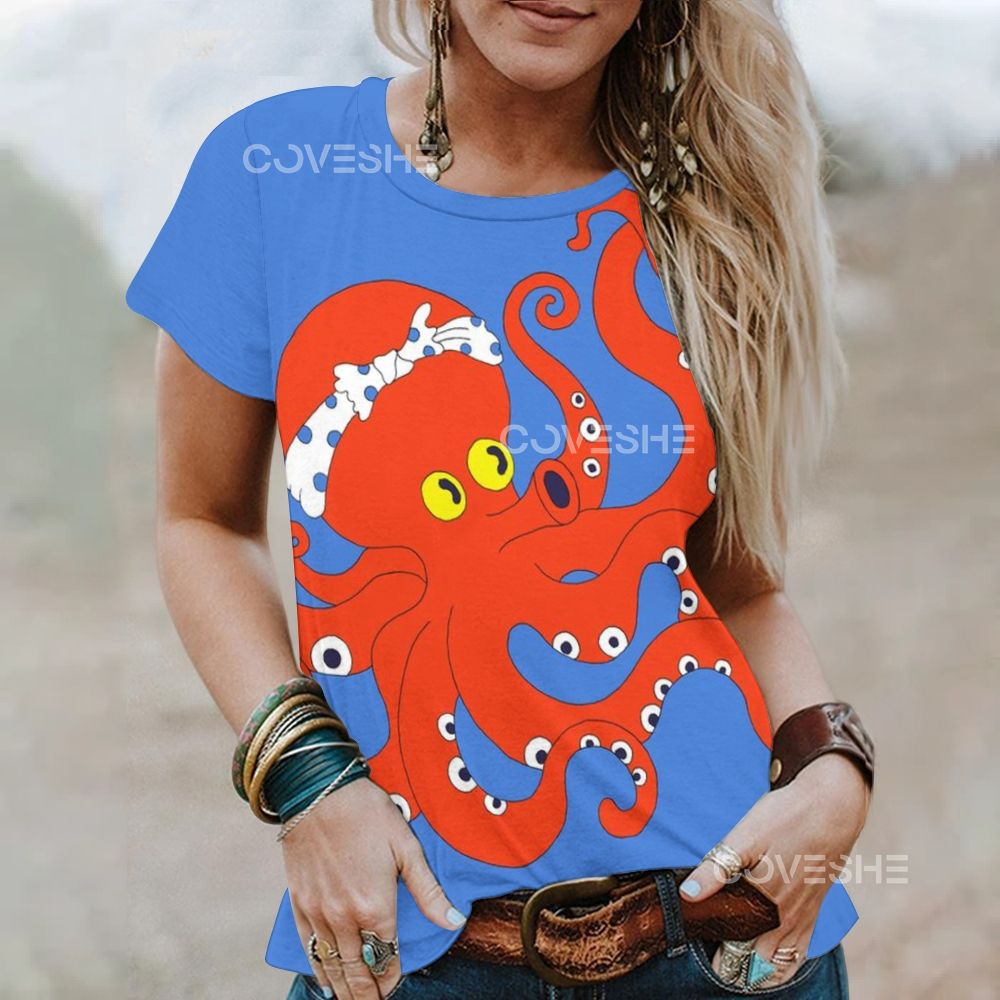 Women's Cartoon Octopus Printed Round Neck T-Shirt