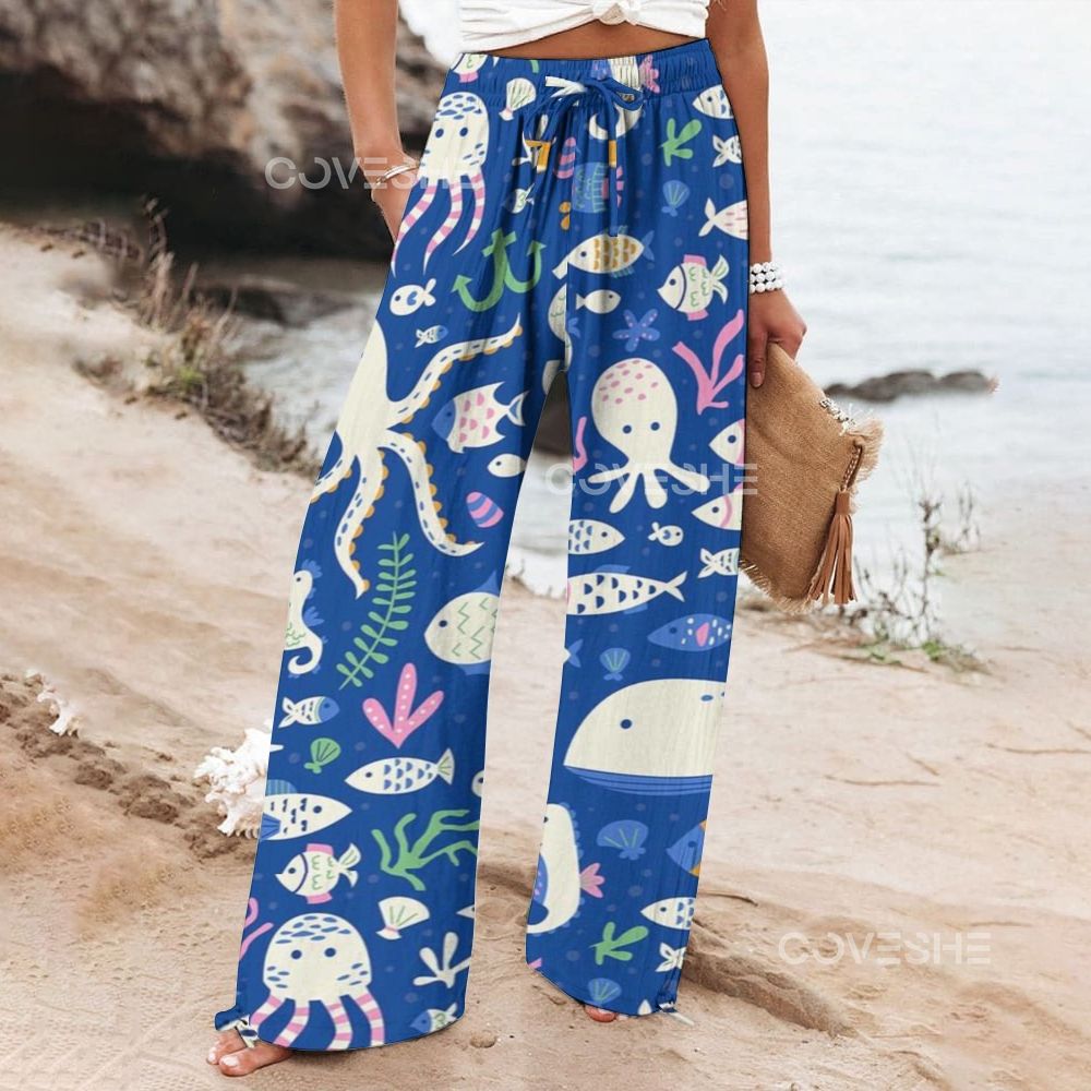 Women's Wide Leg Casual Octopus Fish Printed Pants