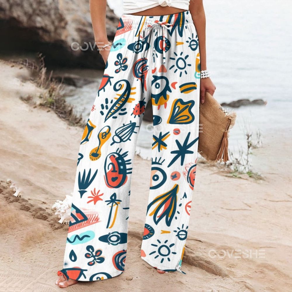 Women's Wide Leg Casual Geometric Abstract Eyes Printed Pants