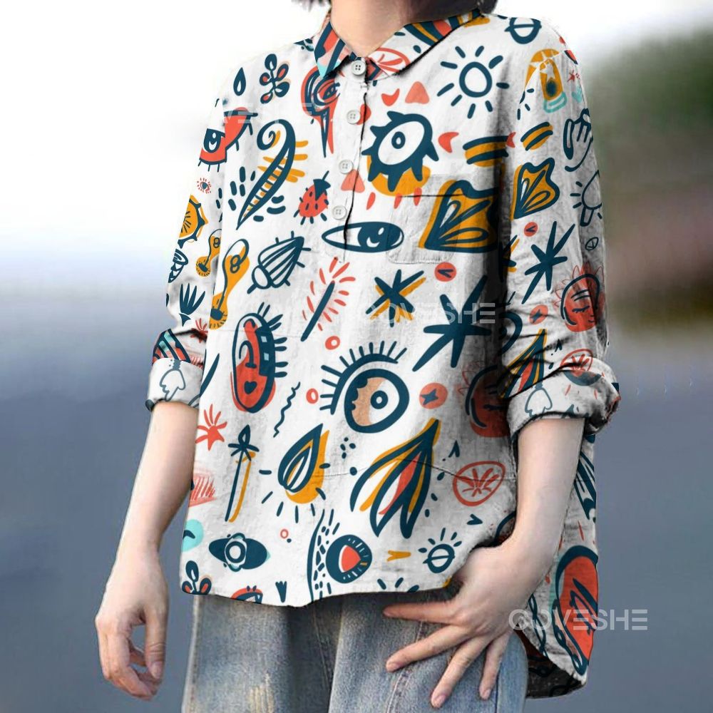Women's Geometric Abstract Eyes Printed Casual Long Sleeve Shirt