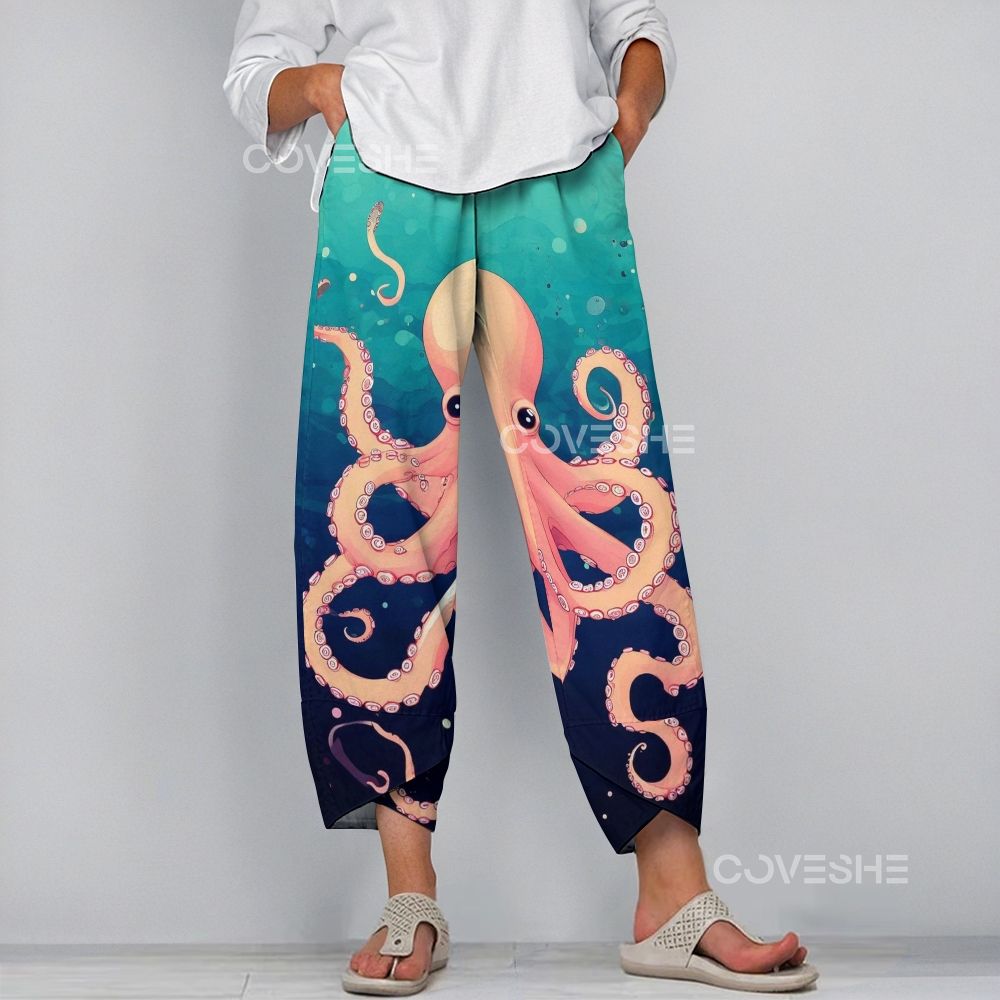 Women's Casual Pink Octopus Printed Pants