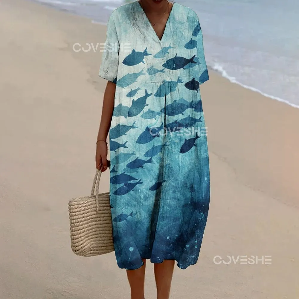 Women's Wide Leg Casual Blue Gradient Fish Printed Pants