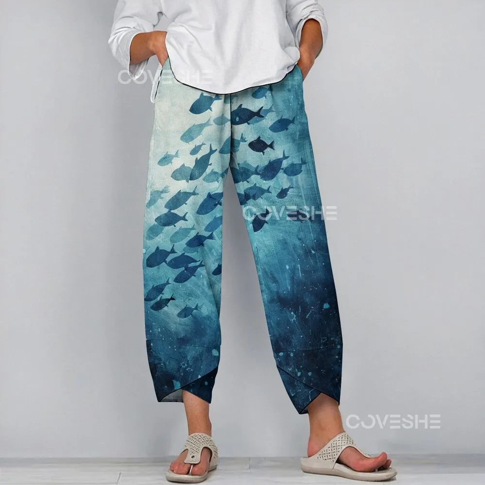 Women's Wide Leg Casual Blue Gradient Fish Printed Pants