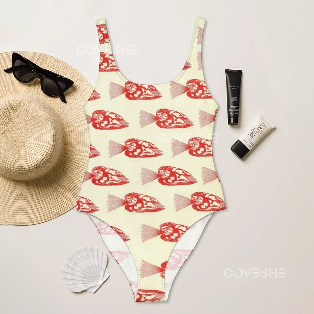 Art Red Fish Printed One Piece Swimsuit