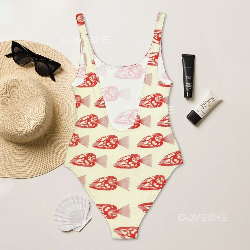 Art Red Fish Printed One Piece Swimsuit