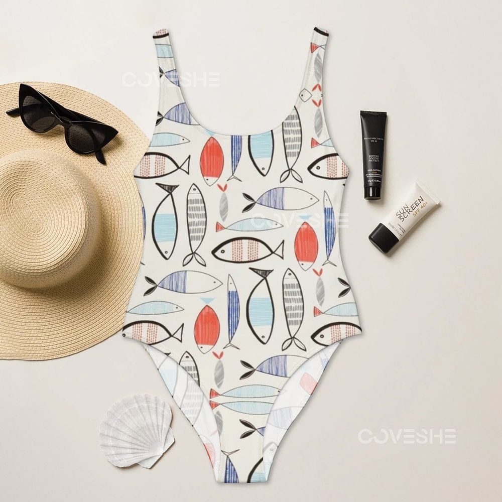 Geometric Fish Printed One Piece Swimsuit
