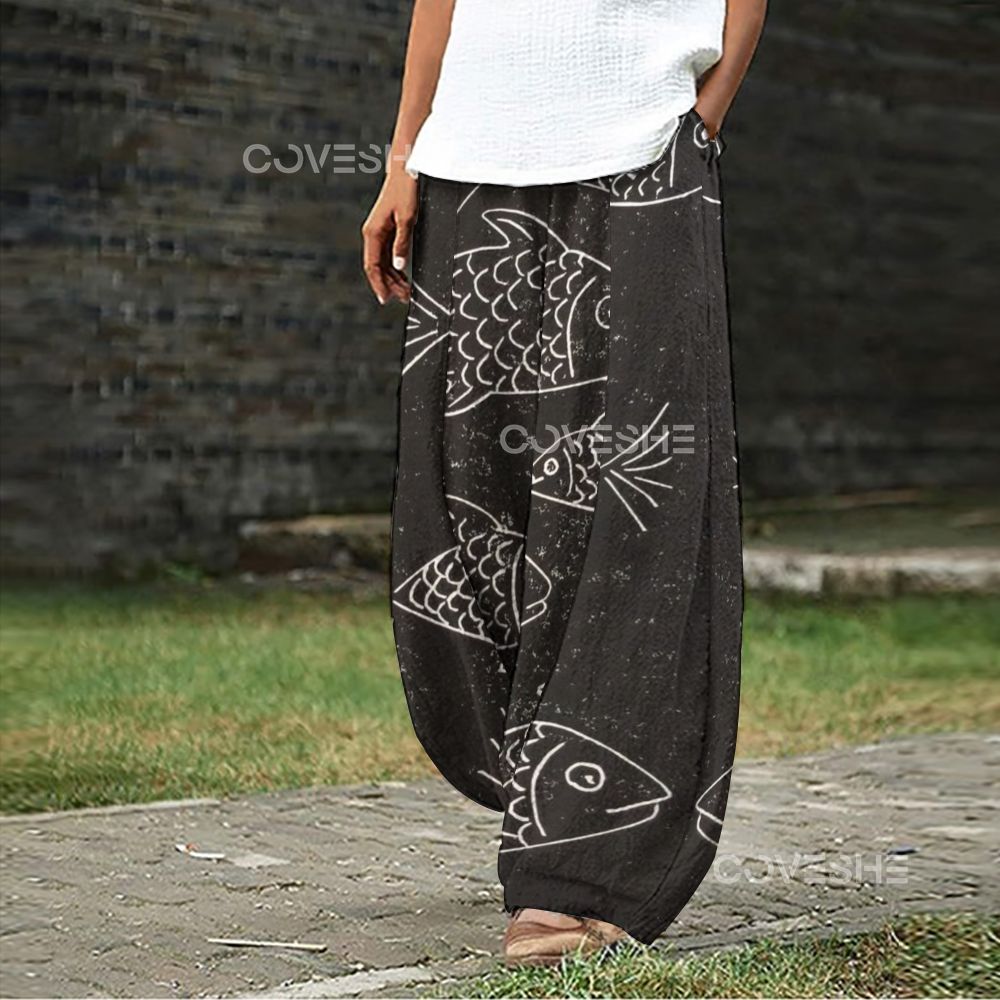 Women's Casual Vintage Fish Printed Wide Leg Pants