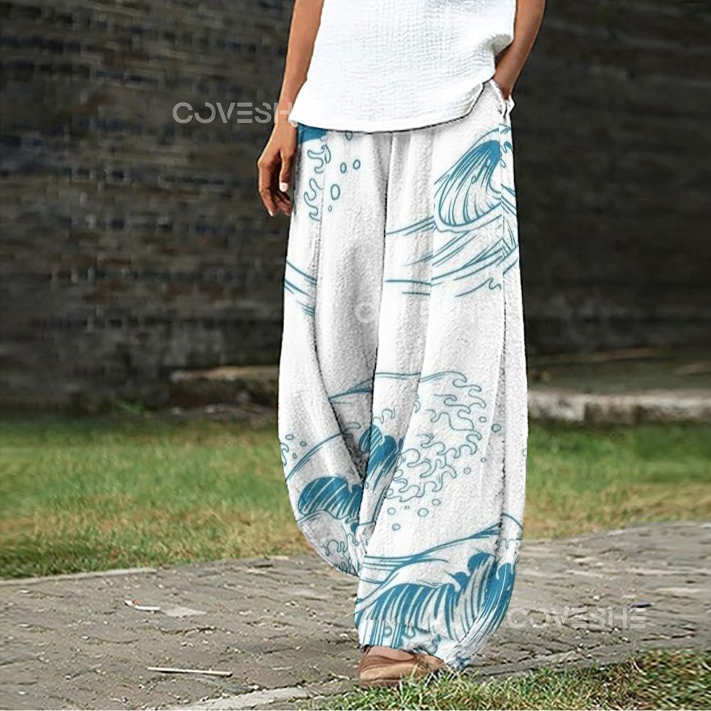 Women's Casual Waves Printed Wide Leg Pants
