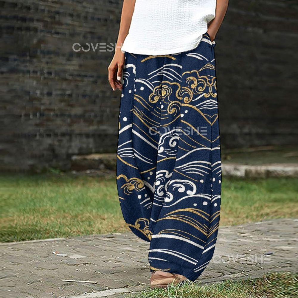 Women's Casual Waves Printed Wide Leg Pants