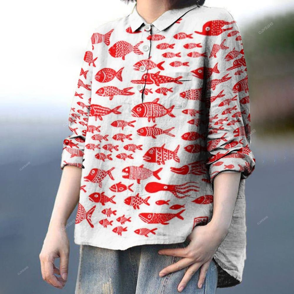 Women's Vintage Red Fish Printed Casual Long Sleeve Shirt