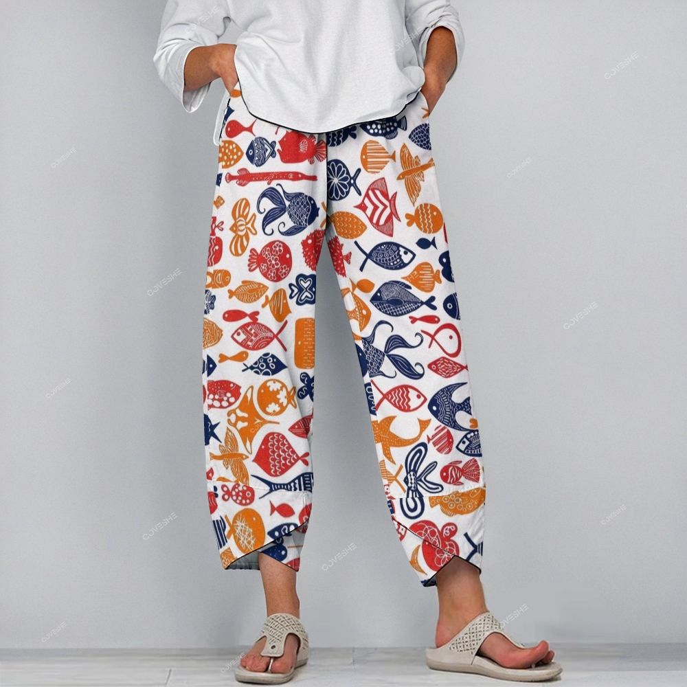 Women's Casual Colorful Geometric Fish Printed Pants