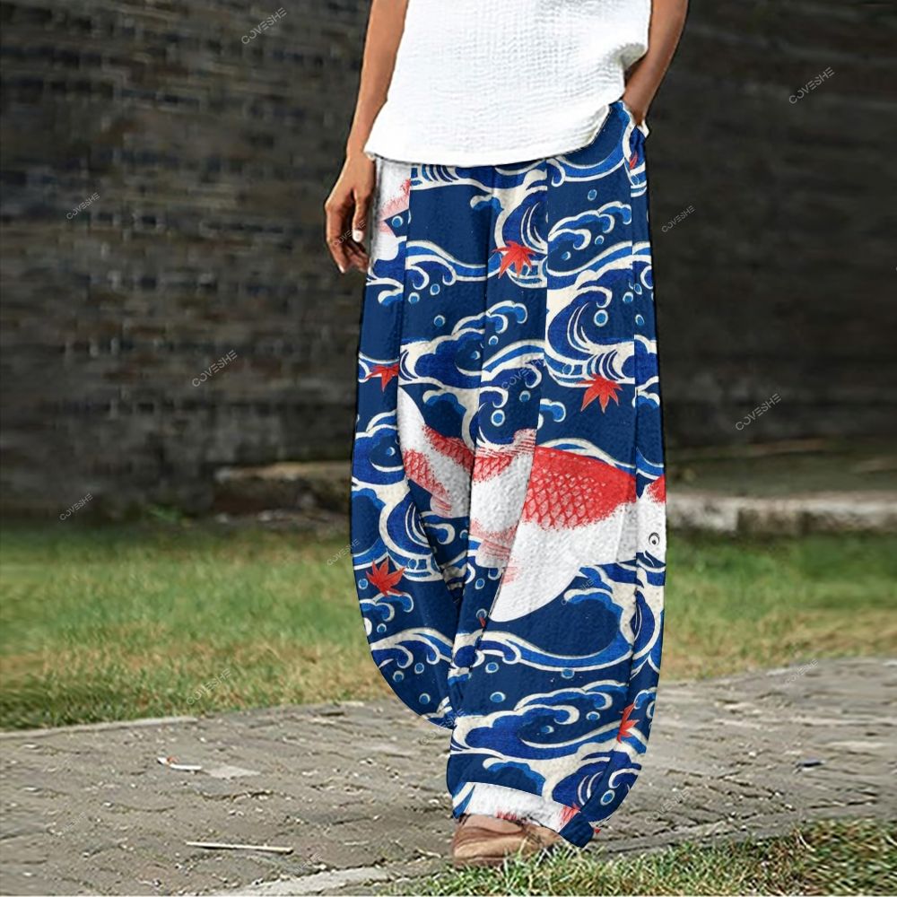 Women's Casual Wave Koi Printed Wide Leg Pants