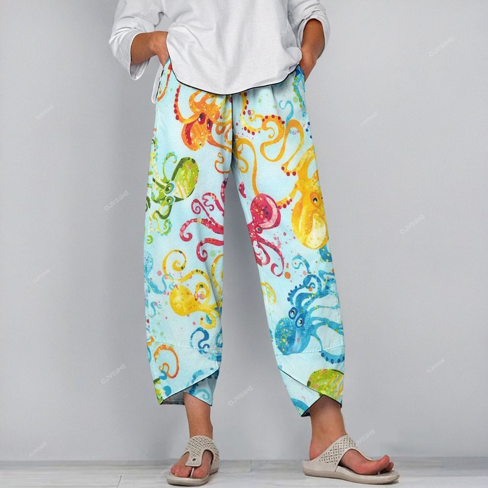 Women's Casual Colorful Cartoon Octopus Printed Pants