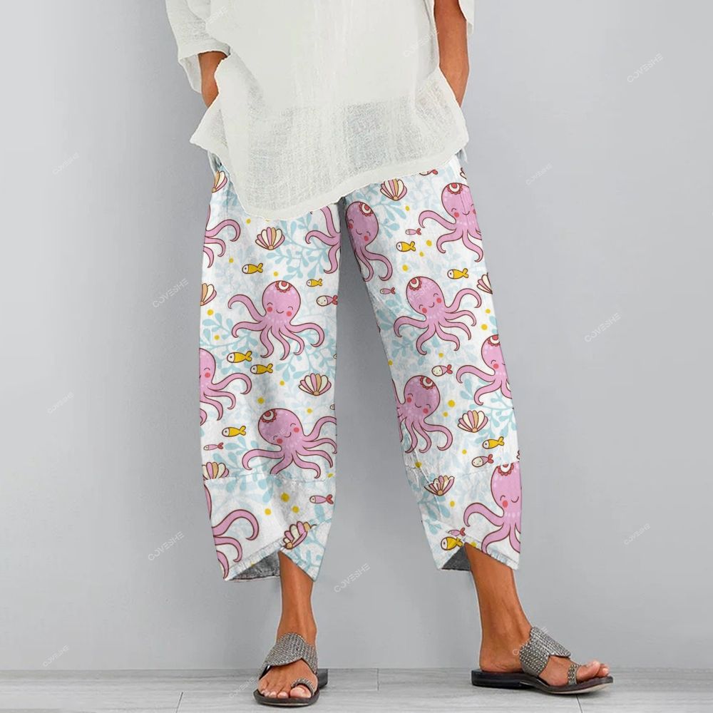 Women's Casual Cartoon Pink Octopus Printed Pants
