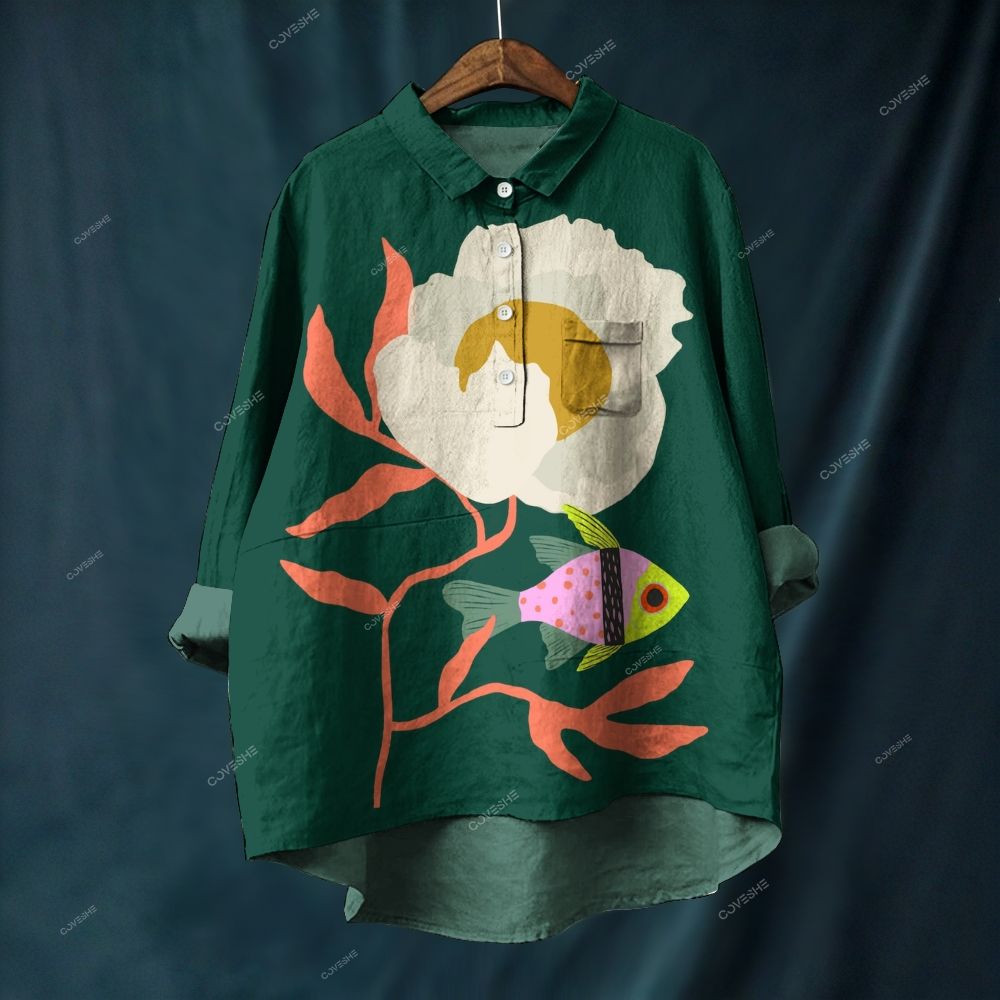 Women's Flower Fish Printed Casual Long Sleeve Shirt