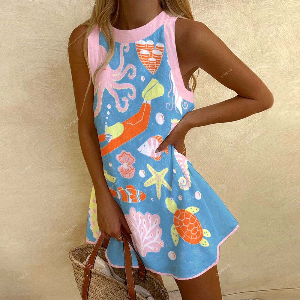 Women's Sleeveless Cartoon  Marine Life Printed Dress
