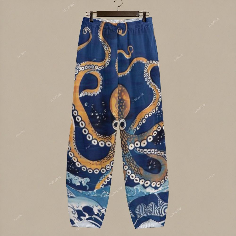 Women's Casual Vintage Ocean Wave Octopus Printed Pants