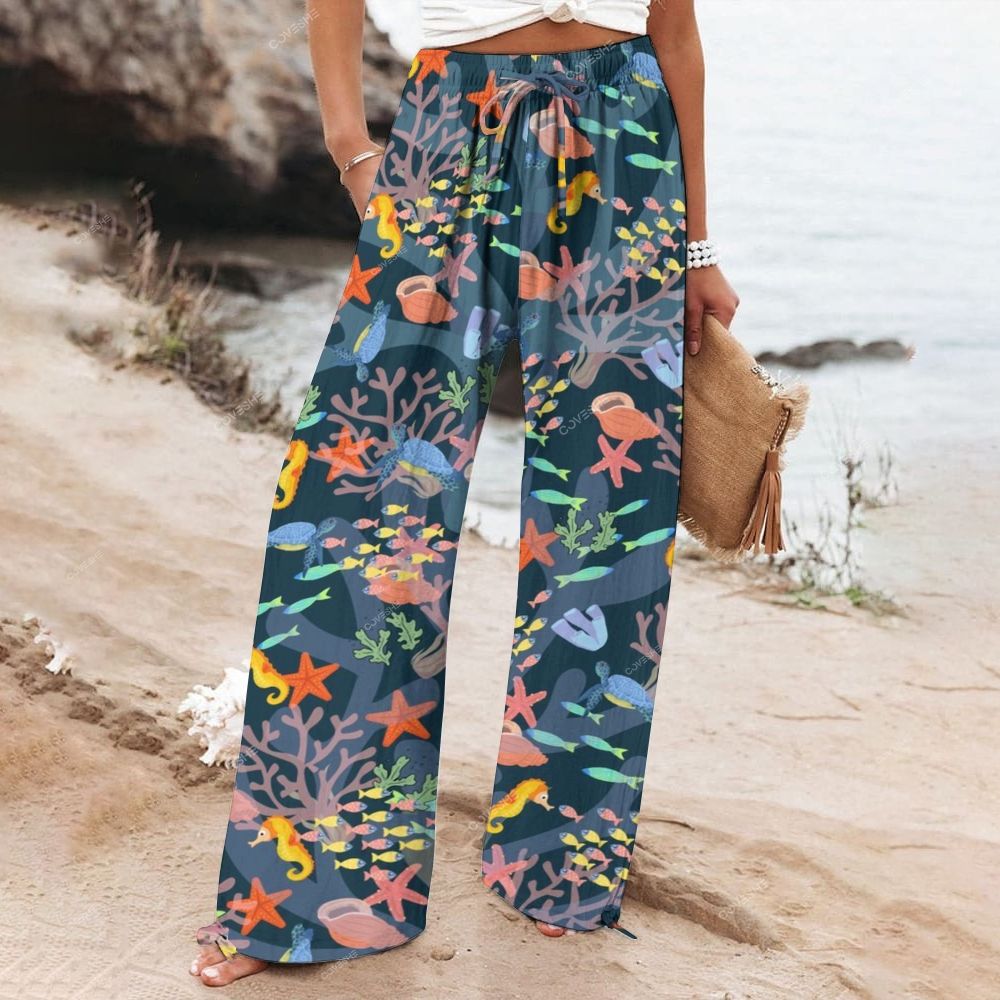 Women's Wide Leg Casual Coral Fish Printed Pants