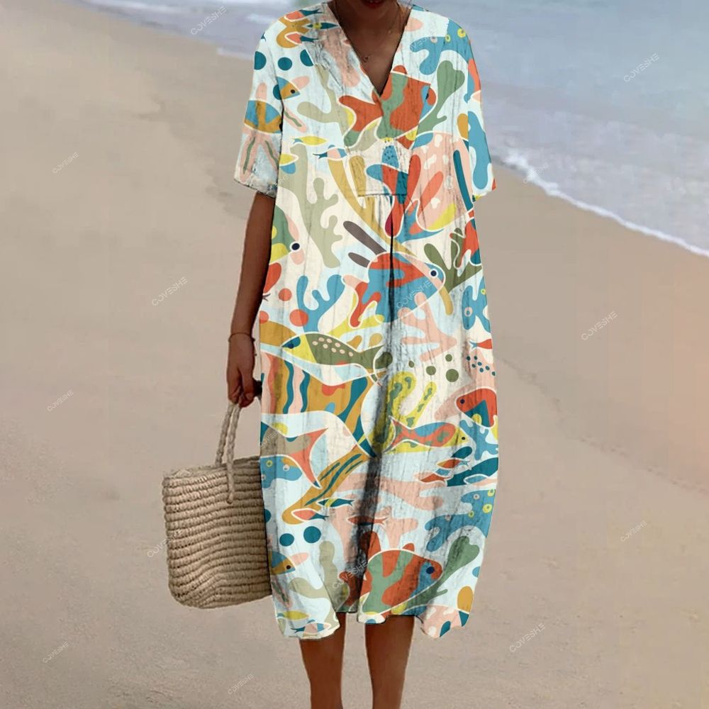 Women's Cartoon Coral Fish Printed Flowy Dress