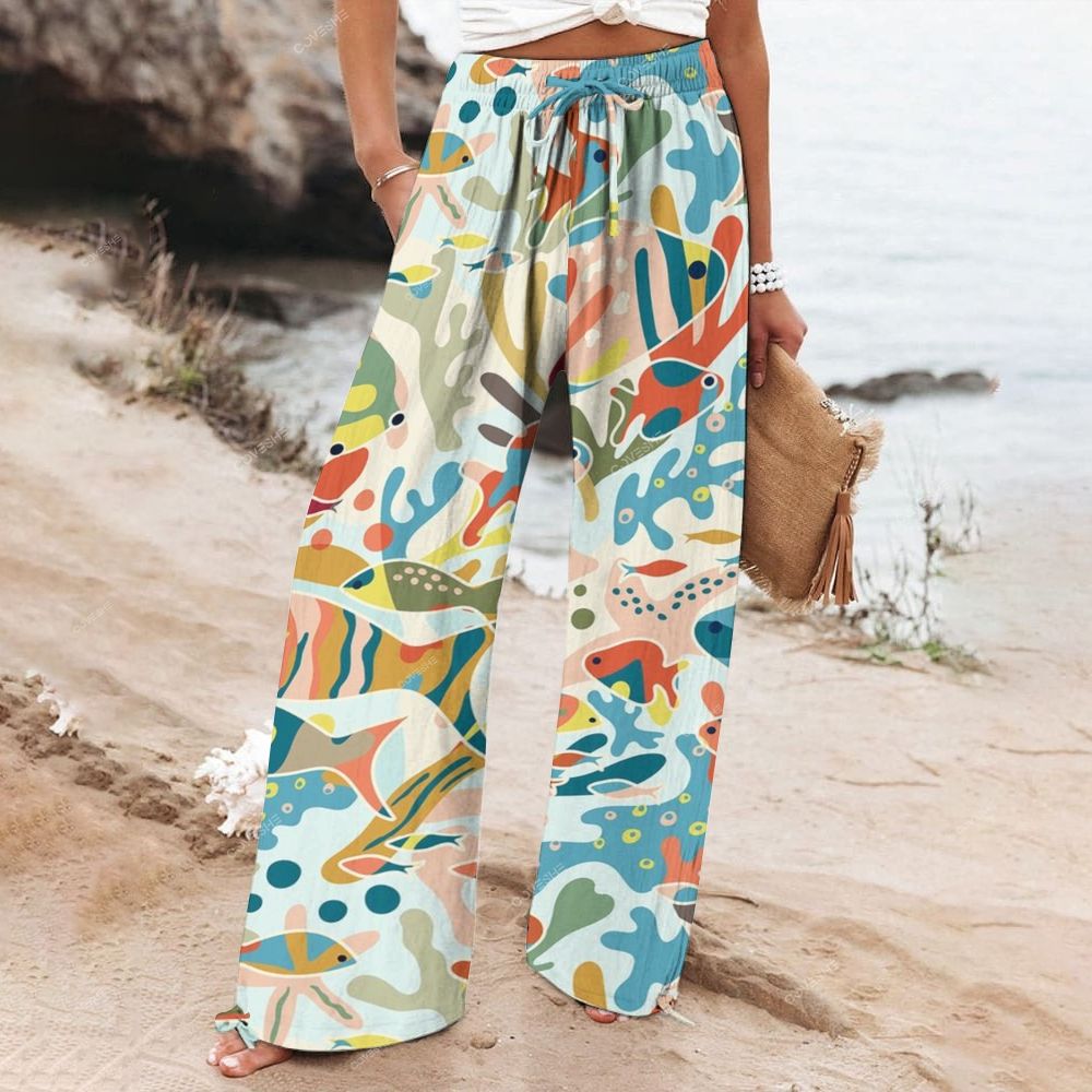 Women's Wide Leg Casual Cartoon Coral Fish Printed Pants
