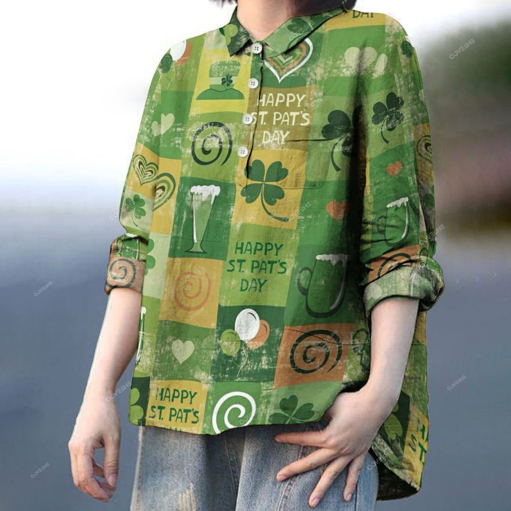 Women's Geometry Four Leaf Clover Printed Casual Long Sleeve Shirt