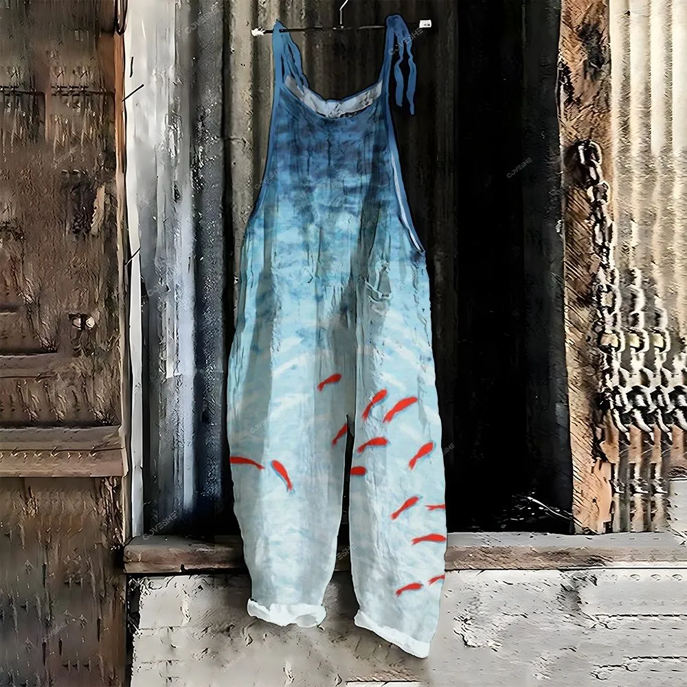 Women's Red Fish Printed Flowy Dress