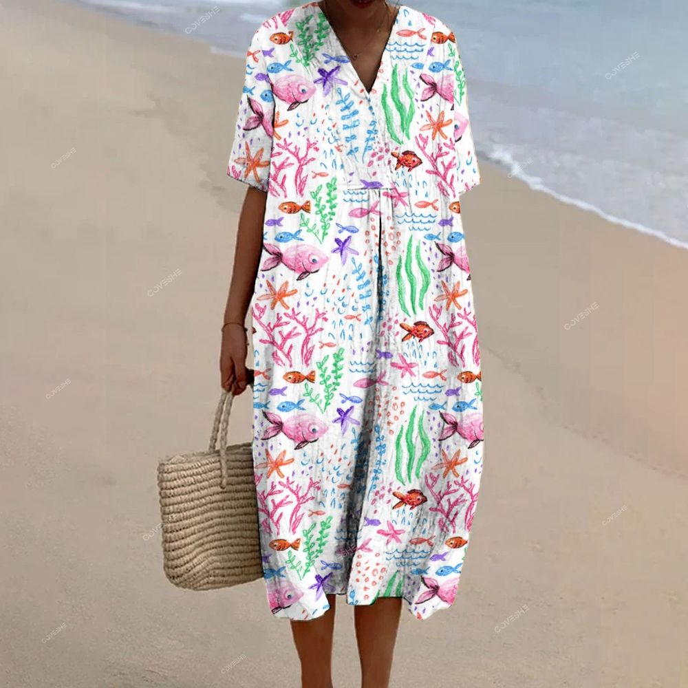 Women's Colorful Fish Coral Printed Flowy Dress