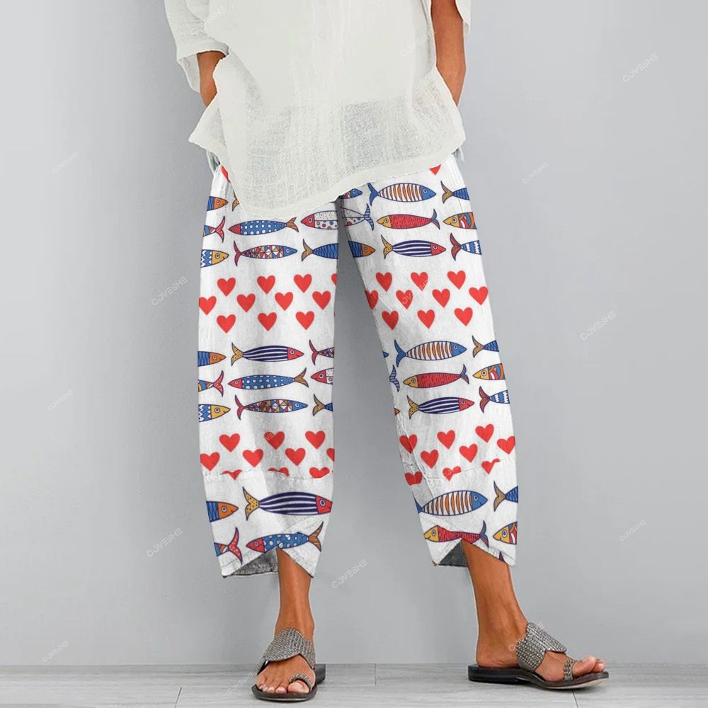 Women's Casual Geometric Fish Heart Printed Pants