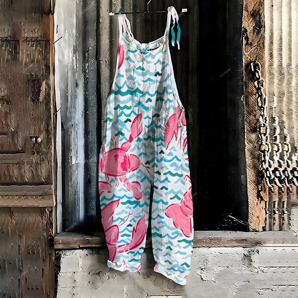 Women's Casual Water Pattern Pink Lobster Printed Jumpsuit