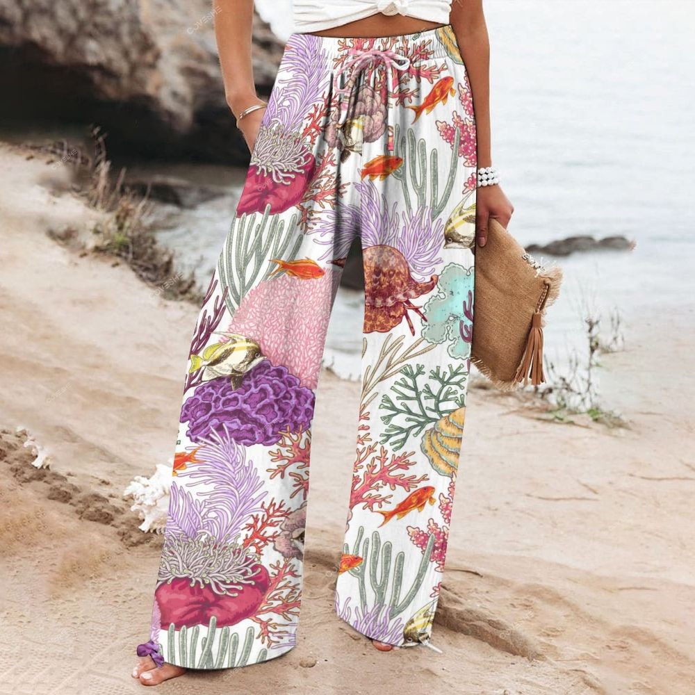 Women's Wide Leg Casual Coral Fish Printed Pants