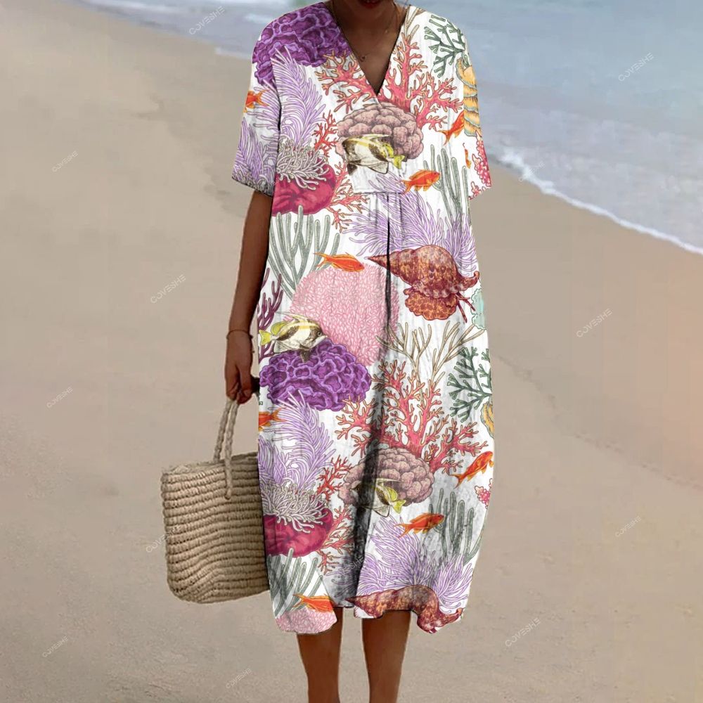 Women's Coral Fish Printed Flowy Dress