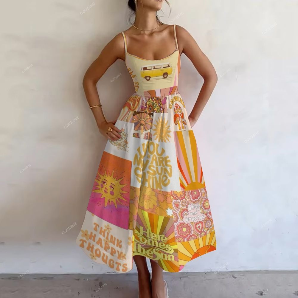 Women's Letters Sunflower Printed Slip Dress