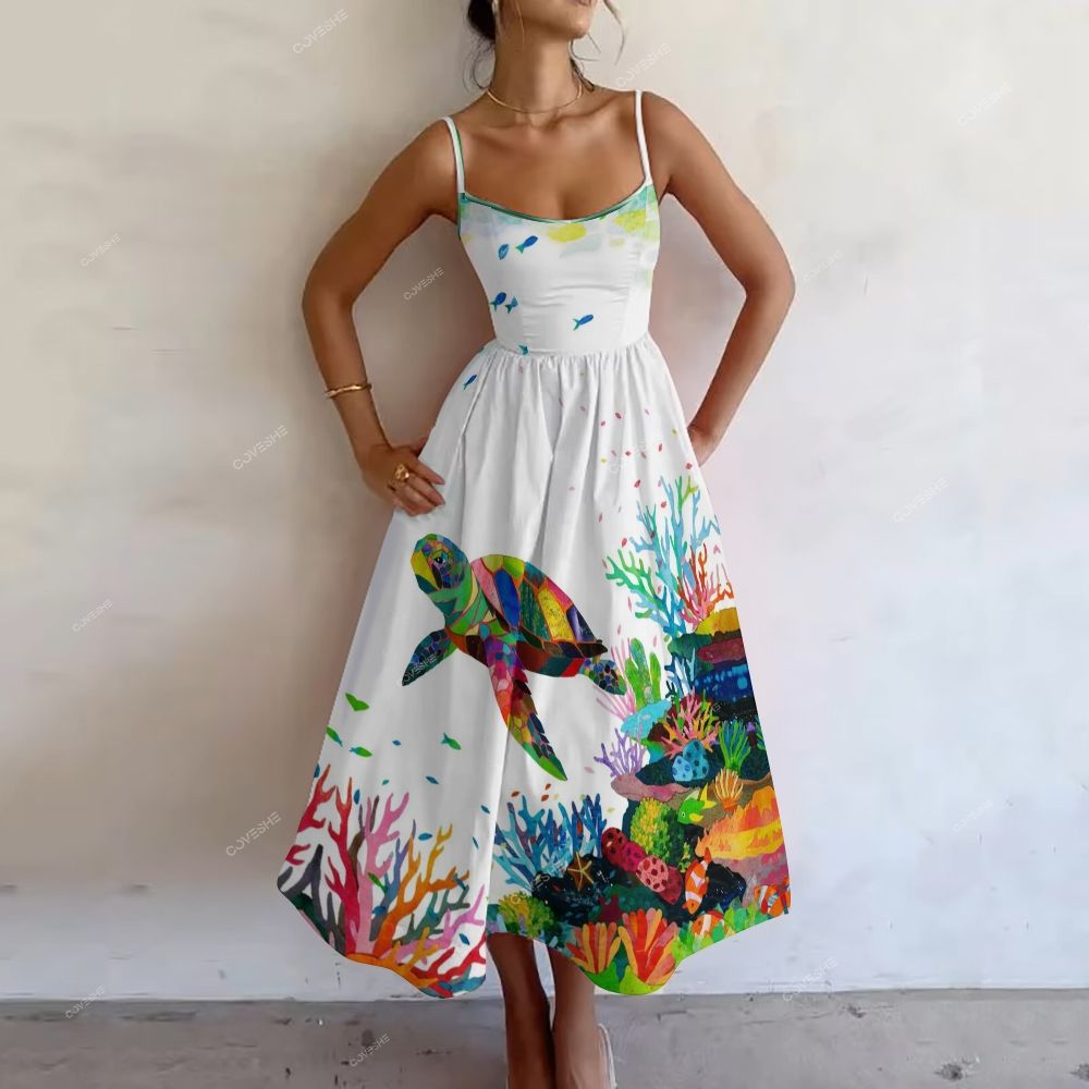 Women's Coral Color Turtle Printed Slip Dress