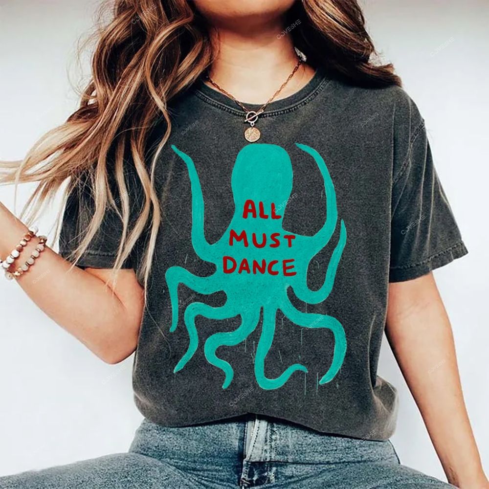 Unisex Dance Octopus Printed Washed Tee