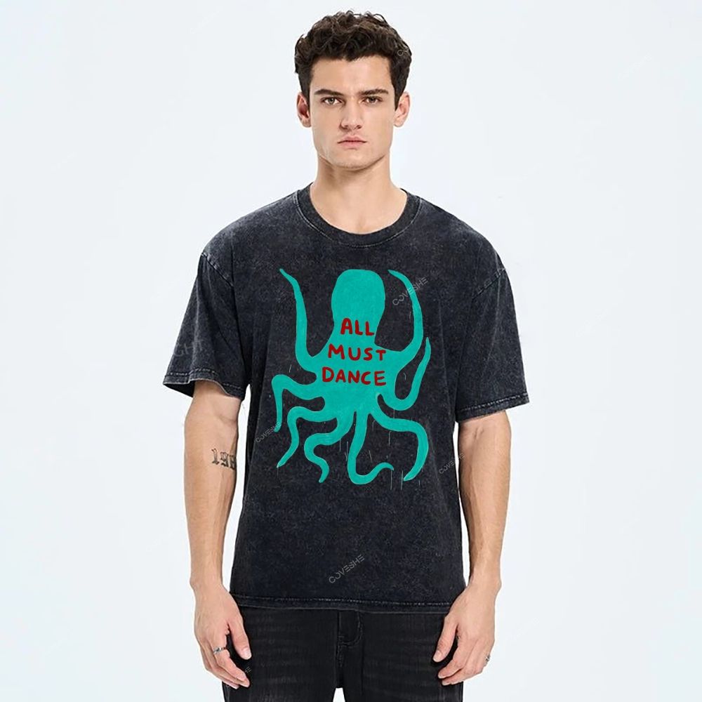 Unisex Dance Octopus Printed Washed Tee