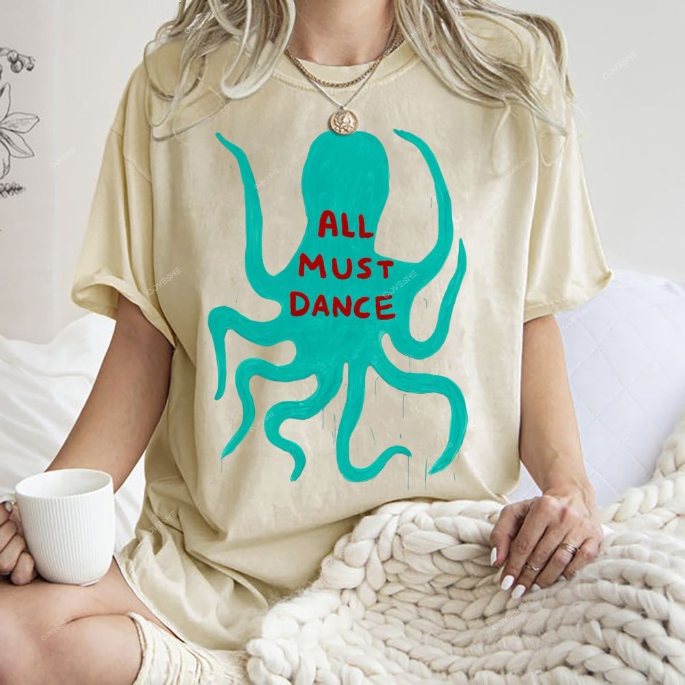 Unisex Dance Octopus Printed Washed Tee