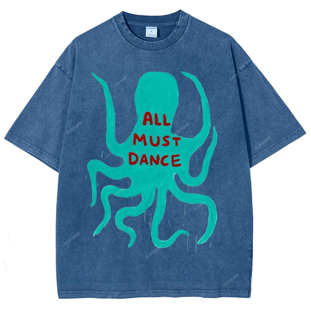 Unisex Dance Octopus Printed Washed Tee