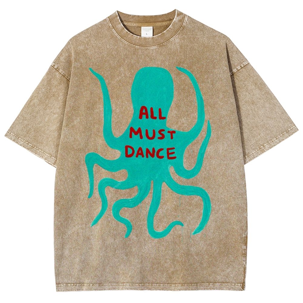 Unisex Dance Octopus Printed Washed Tee