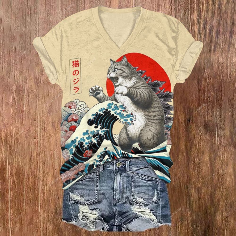 Women's V-neck Wave Japanese Cat Printed Short Sleeve T-shirt