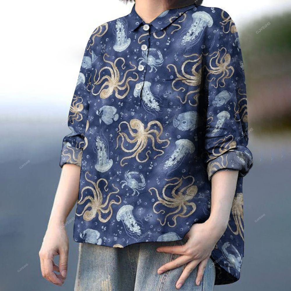 Women's Octopus Jellyfish Printed Casual Long Sleeve Shirt
