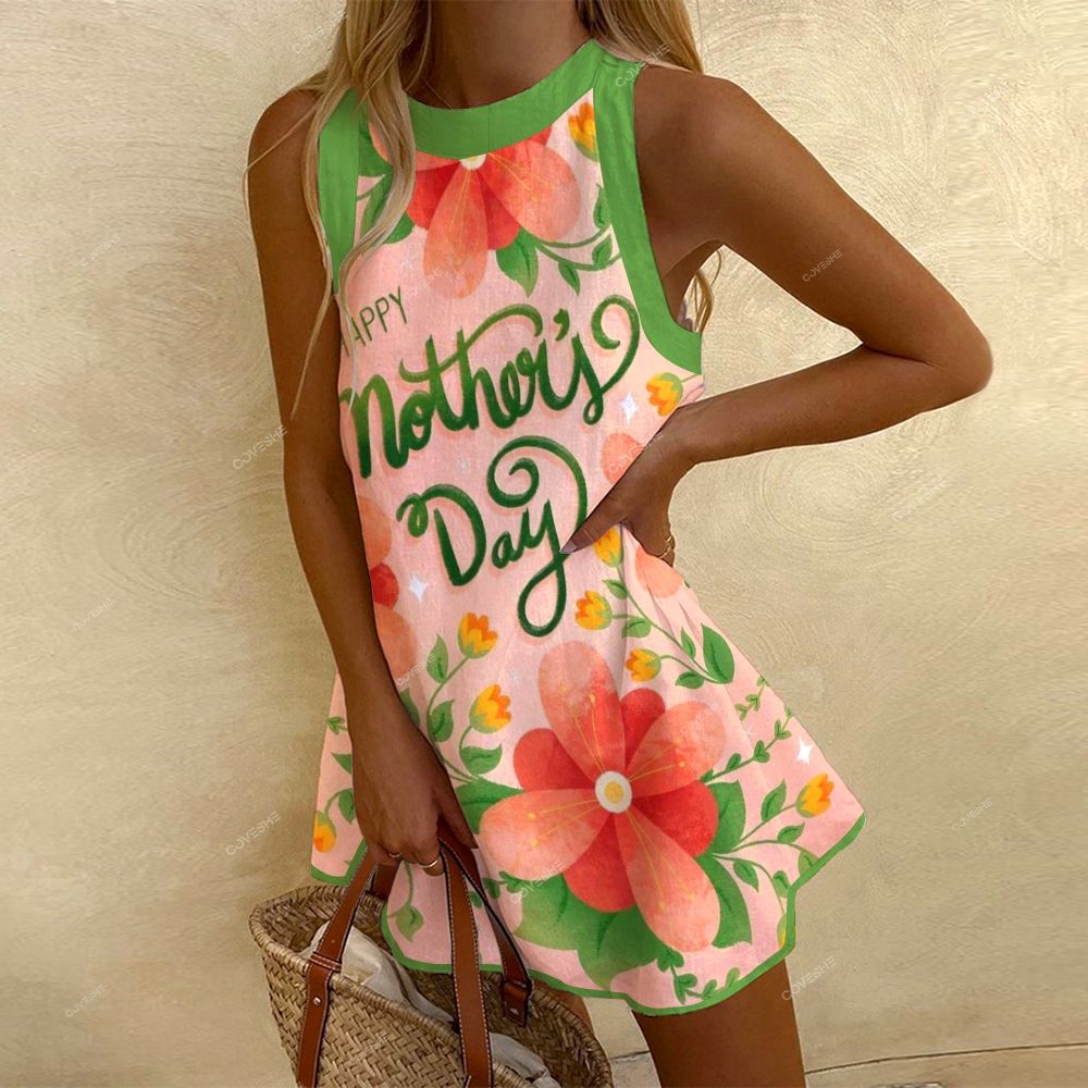 Women's Sleeveless Vintage Flower Bird Mother's Day Printed Dress