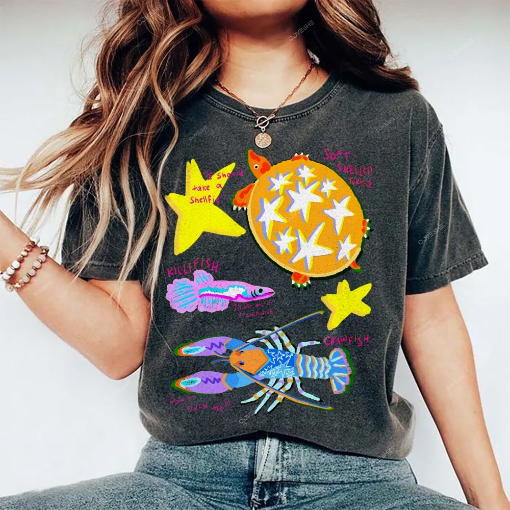 Unisex Cartoon Turtle Lobster Printed Washed Tee