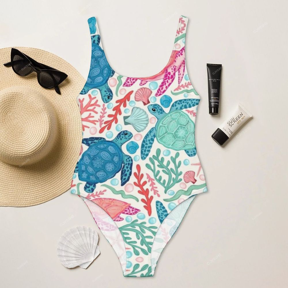 Colorful Turtle Coral Printed One Piece Swimsuit
