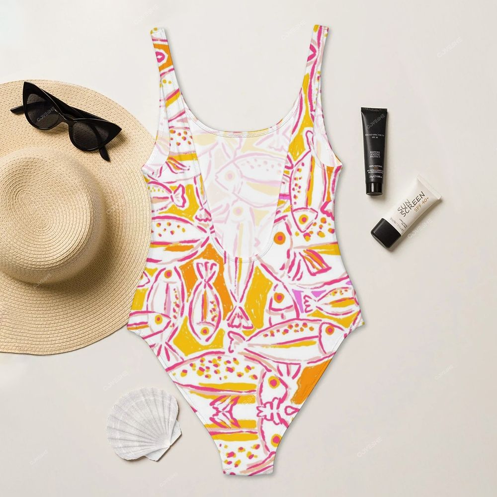 Geometric Fish Printed One Piece Swimsuit