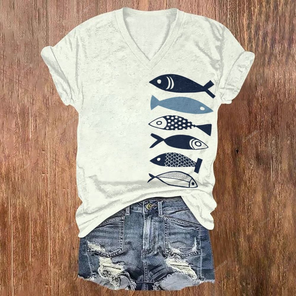 Women's V-neck Geometric Fish Printed Short Sleeve T-shirt