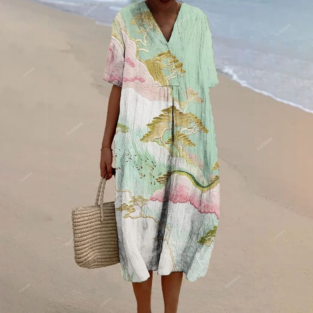 Women's Pink Landscape Printed Flowy Dress